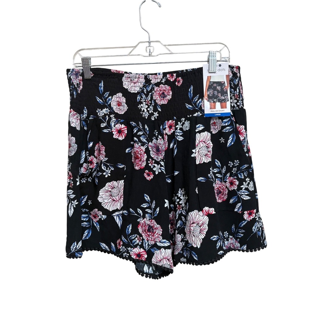 NWT Three Dots Women Black Floral Smocked Waist Pull On Shorts Pom Pom Trim L